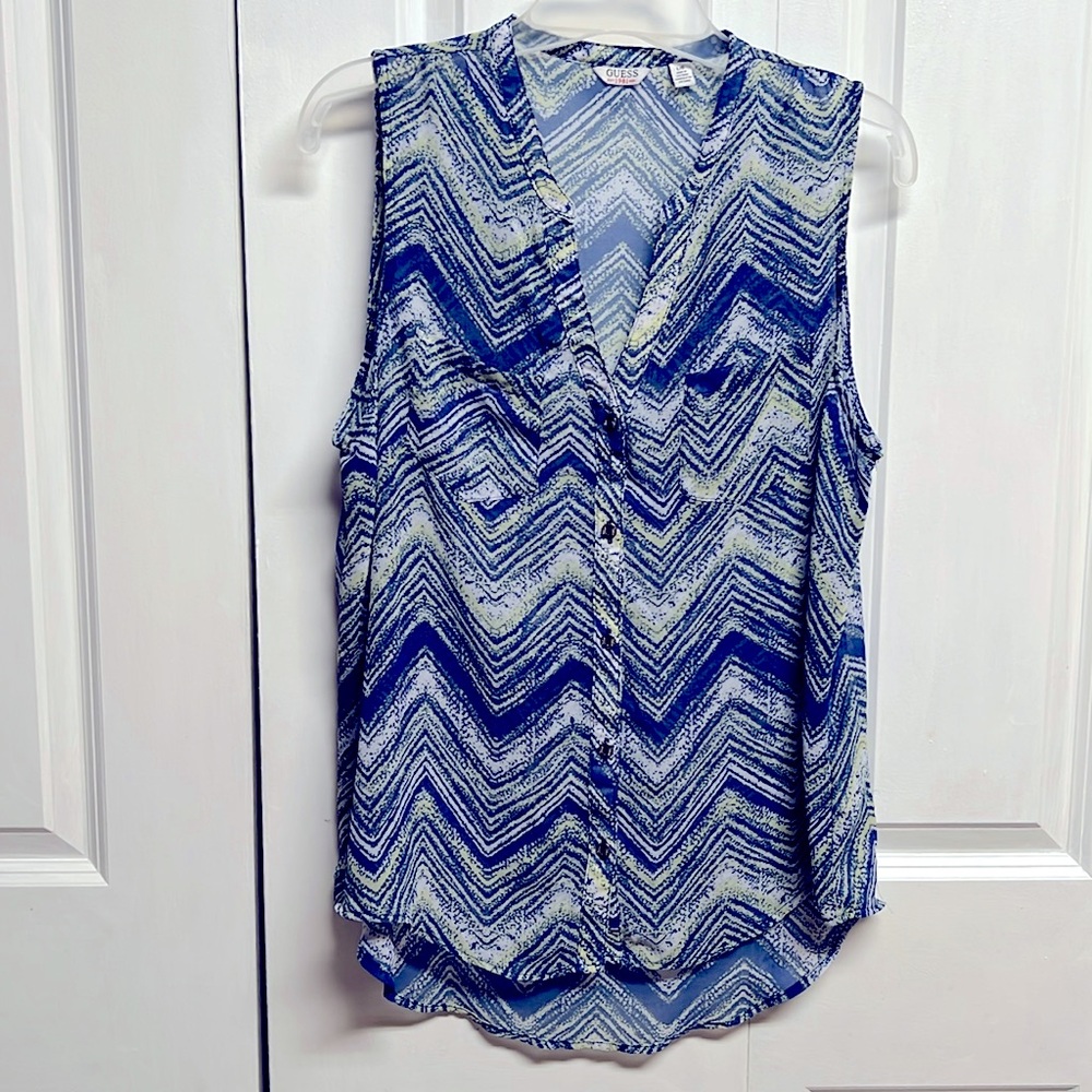 Guess Shades of Blue Green Xig Zag Print V Neck Sleeveless Sheer Top Size L